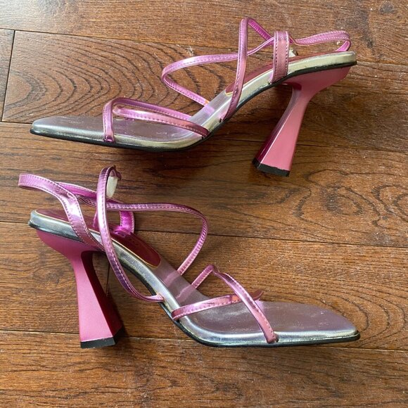 Size 7-8 pinkish purplish Metallic Strappy sandal Heels - Picture 4 of 8